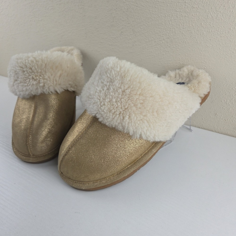 Lands End Gold Mettalic Faux Fur Lined Mule Slides Slippers Women's Size 9 M